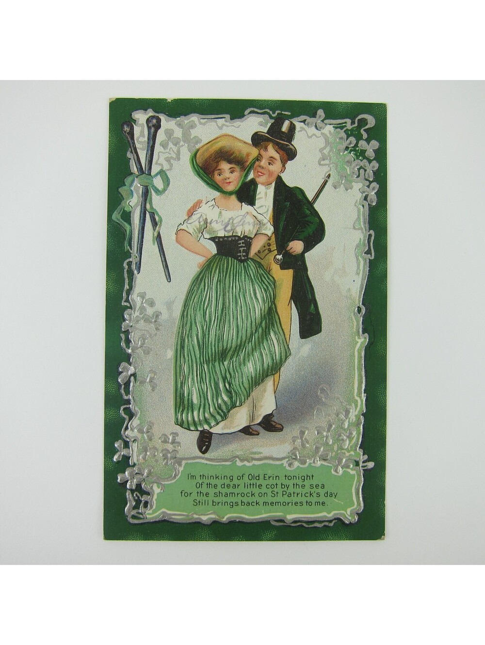 St. Patricks Day Postcard Man Woman Irish Couple Green Silver Embossed Antique